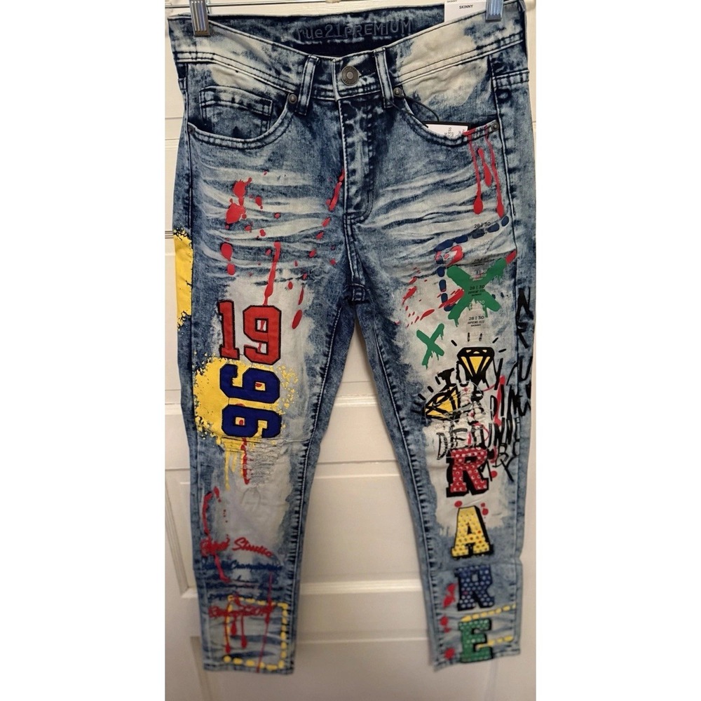 Rue21 Premium‎ Skinny Acid Wash Graphic Jeans Blue Multicolor Denim grunge 34x30